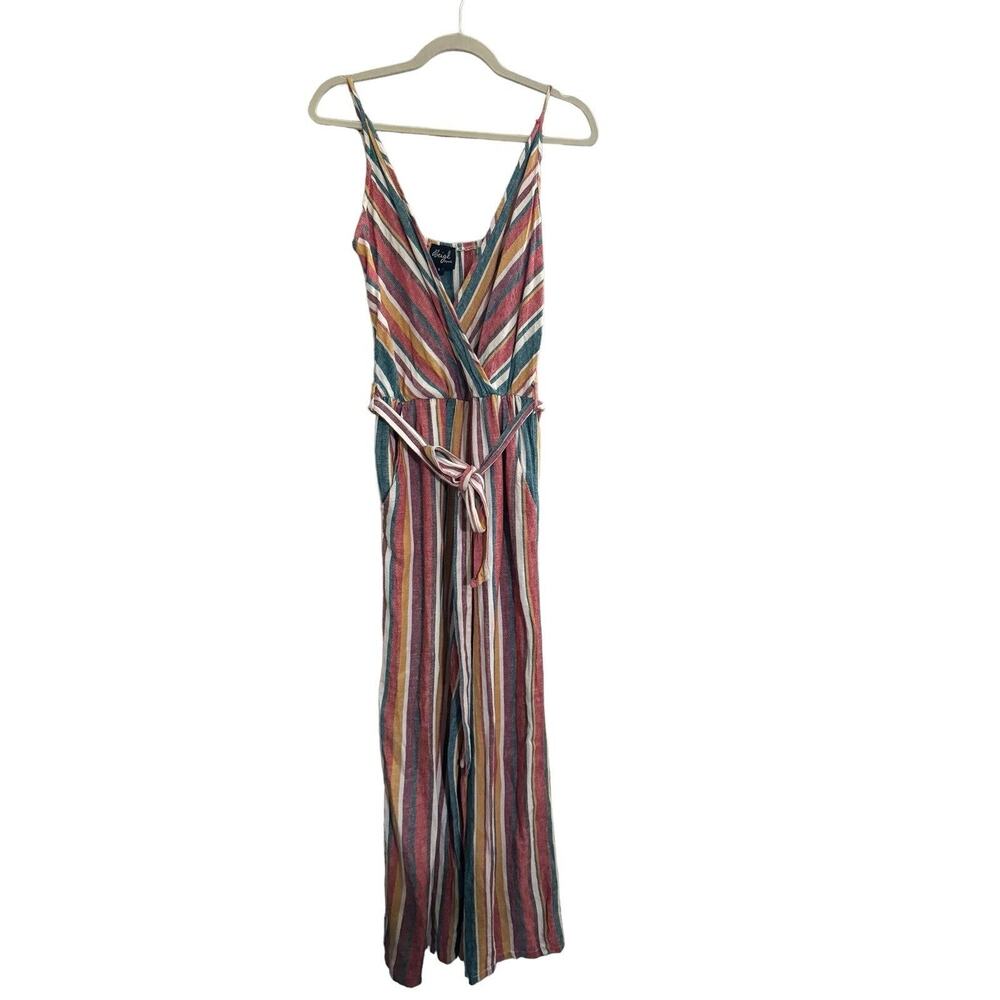 Beige By ECI Small Stripe Linen Rayon Wide Leg Jumpsuit Tie Green Marigold #2680